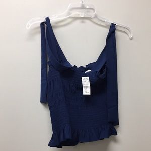 Amanda Uprichard Ruched Tie Shoulder Top Navy